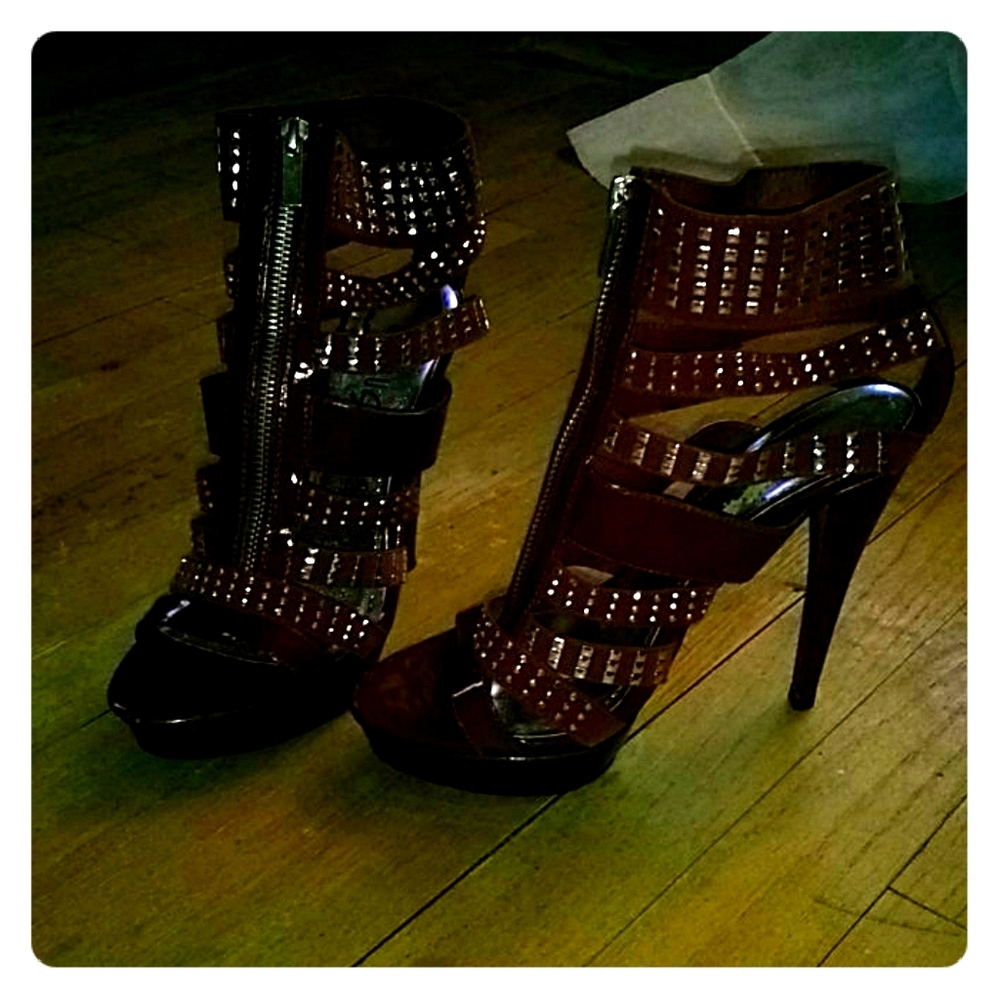 Red platform studded ankle booties